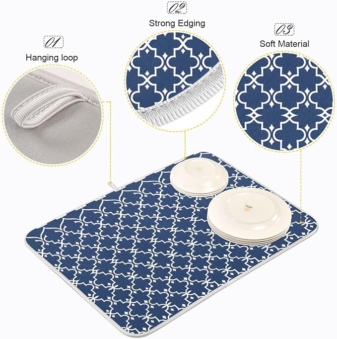 Super Absorbent Dish Drying Mat Microfiber Fast-Drying Dish Mat 24" x 18" Kitchen Dish Drying Pad Watercolor Cute Navy Blue Moroccan Mandala