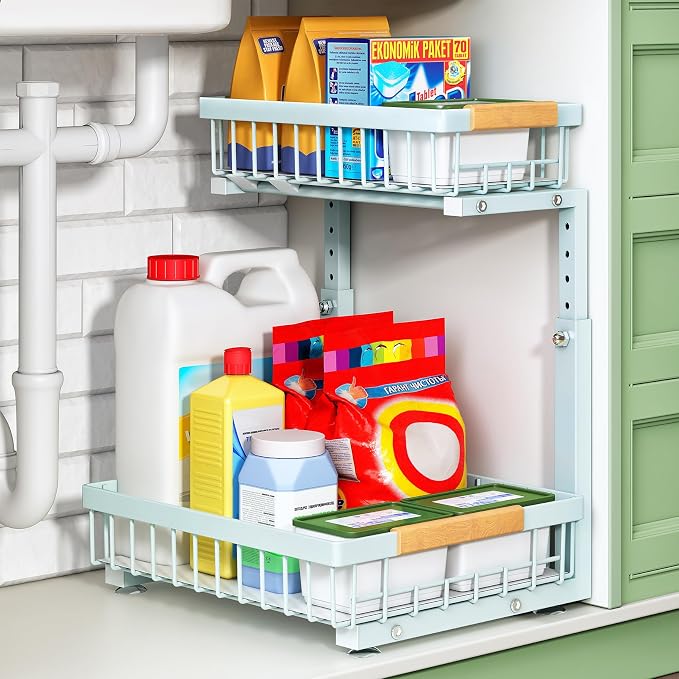 Kitstorack Under Sink Organizer, 2 Tier Under the Sink Storage, Slide out Pull out Cabinet Organizer Shelf, Metal Sliding Drawer for Kitchen Bathroom Pantry Closet Organization Rack, Blue, 1 Pack