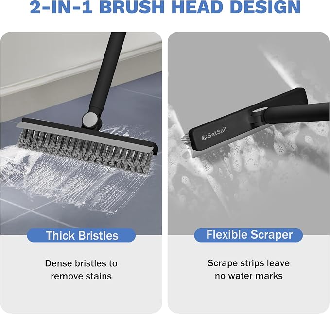 SetSail Grout Cleaner Brush with Long Handle, V-Shaped Floor Brush, Black | Swivel Grout Brush Stiff Bristle Floor Grout Scrubber for Bathroom, Tile Line, Crevice, Kitchen, Wall, Deck, Garage