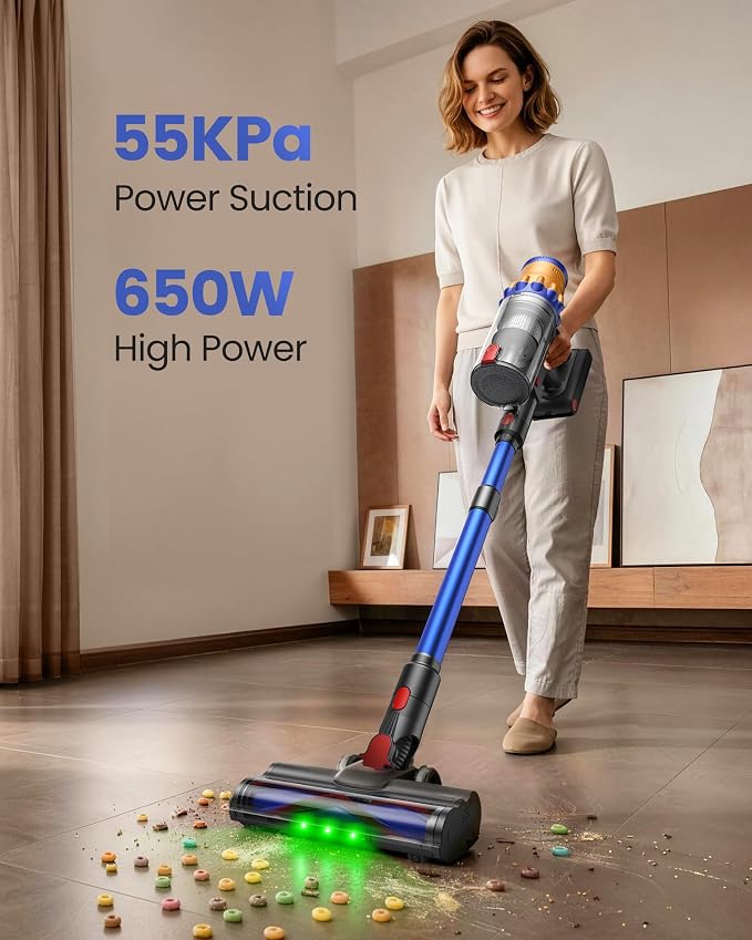 Cordless Vacuum Cleaner, 650W/55Kpa Vacuum Cleaners for Home, 70Mins Stick Vacuum with Self-Standing,Anti-Tangle,Wall Mount Charging,Lightweight Wireless Vacuum for Hardwood Floors Carpet Pet Hair Car