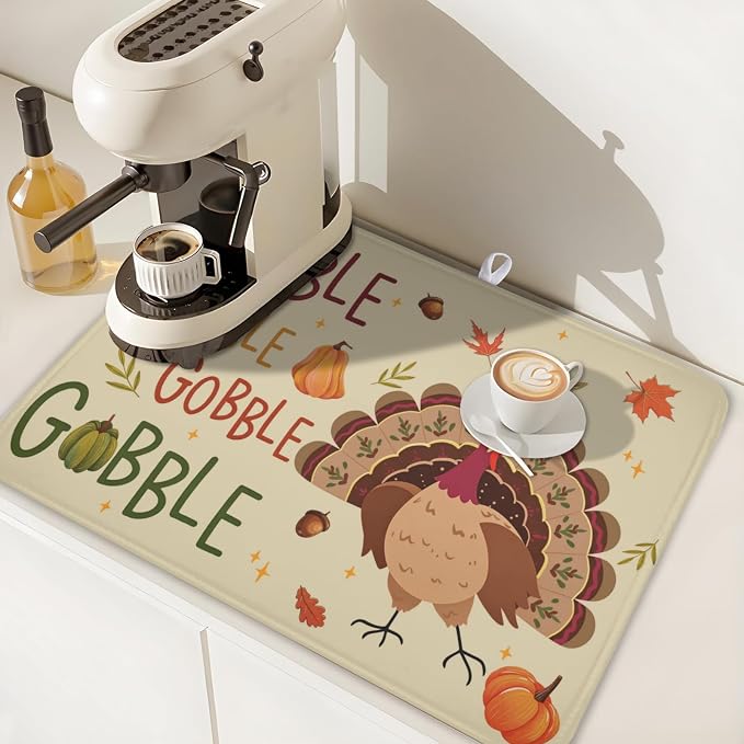 Thanksgiving Turkey Dish Drying Mat for Kitchen Counter 18x24 Inch Pumpkin Dish Drainer Mat Absorbent Microfiber Gobble Dish Rack Pad for Fall Holiday Coffee Dining Bar Decor