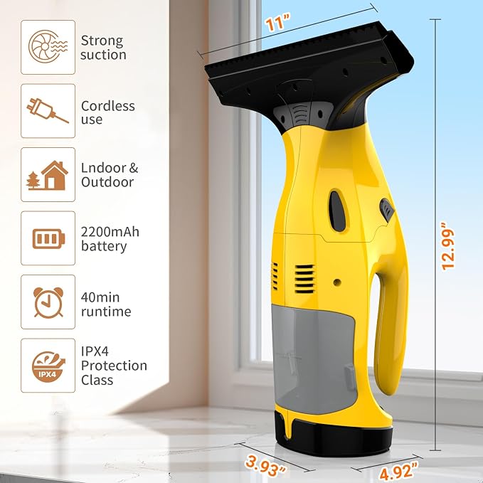 Kiato Window Vacuum Squeegee Cordless, Electric Window Vacuum Cleaner with 2 X Squeegee (11”+ 6.7”), Rechargeable Window Vac for Windows, Tiles, Mirrors, Showers, Glass, 2200mA, WC09