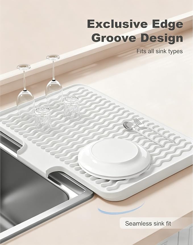 Rnivvi Silicone Dish Drying Mat for Kitchen Counter, 16 x 12" Drainer Pad with Drainage Spout, Heat Resistant Trivet Non-Slip Dish Rack Mats for Countertop Protection, Kitchen Bar Decor Pad, White