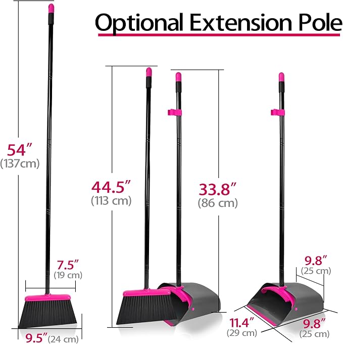 JEHONN Broom with Dustpan Combo Set, Long Handle Lightweight Indoor Broom Set, Upright Standing Dust Pan with Comb Teeth Store Sweep Set for Home Room Kitchen Office Lobby (Rose Red)