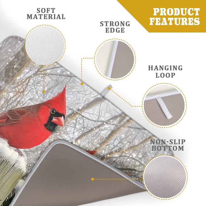 Winter Birds Dish Drying Mat Red Berry Dish Drainer Rack Mat Microfiber Absorbent Dish Drying Pad for Kitchen Counter Coffee Bar 18x24 Inch
