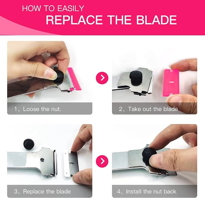 DEKEones Razor Blade Scraper, 2 PCS Razor Scraper Tool for Removing Label, Registration Sticker, Tint, Grease from Windshield, Appliance, Glass（Pink）