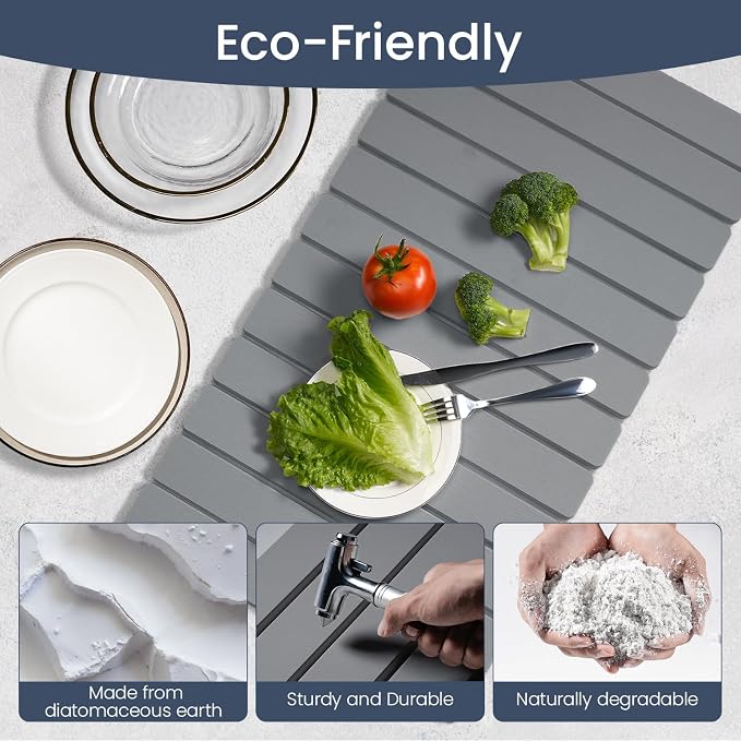 Meowoo Stone Drying Mat for Kitchen Counter, 28.3"x15.7" Foldable Diatomaceous Earth Mat, Super Absorbent, Quick-Dry Bath & Kitchen Pad for Dishes, Cups, Non-Slip, Fits Any Countertop - Dark Gray