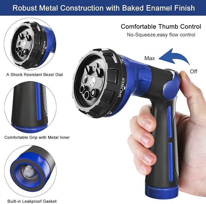 FANHAO Heavy Duty Garden Hose Nozzle, Metal Hose Sprayer Easy Thumb Control | 8 Spray Patterns, Rustproof Water Nozzle, Non-Slip Ergonomic Grip, Elder & Child Friendly for Garden, Car & Pet, Blue
