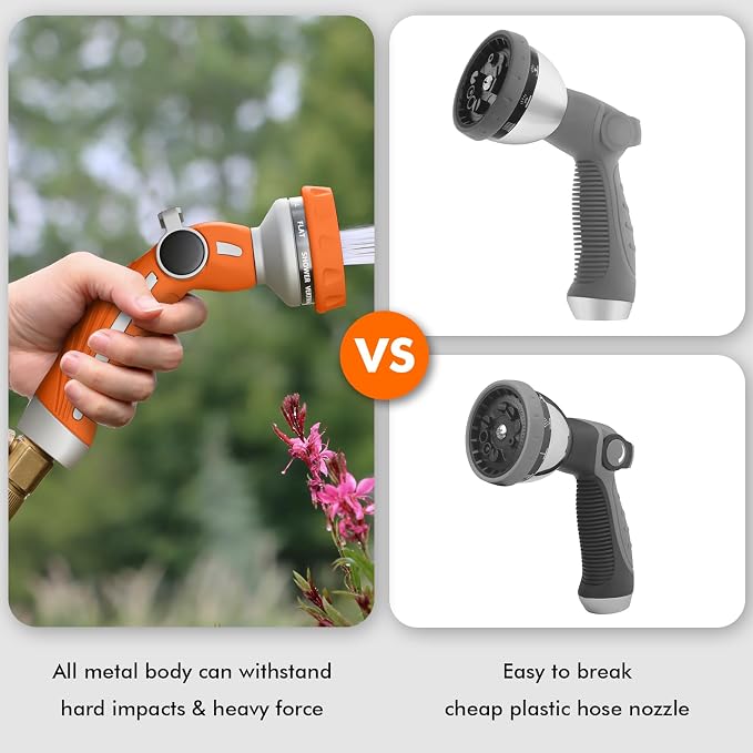 RESTMO Hose Nozzle Heavy Duty, Metal Water Hose Sprayer for Garden | 9 Spray Patterns, Leak Proof, Thumb Flow Control, On/Off Valve, Ideal for Outdoor Lawn & Plant, Car & Pet, Orange