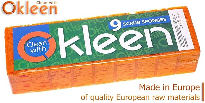 Orange Multi Use Scrub Sponge. Made in Europe. 9 Pack, 4.3x2.8x1.4 inches. Odorless Heavy Duty and Non Scratch Fiber. Durable and Delicate Scrubber for Dirty Surfaces in Kitchen, Home, Outdoors