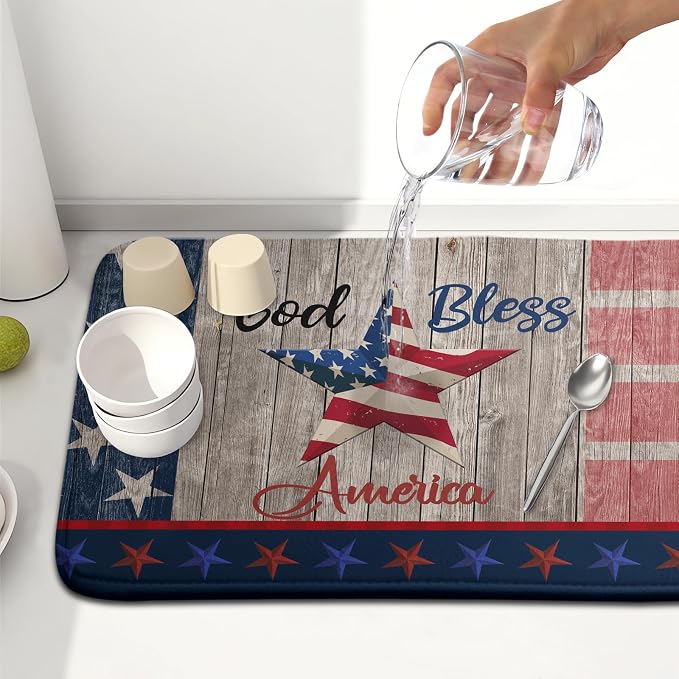 Kawani 4th of July Dish Drying Mat 16x18 Inch Patriotic God Bless America Memorial Kitchen Mats Independence Day Absorbent Dishes Pad for Kitchen Counter USA Star Drying Mat Home Decor for Countertop