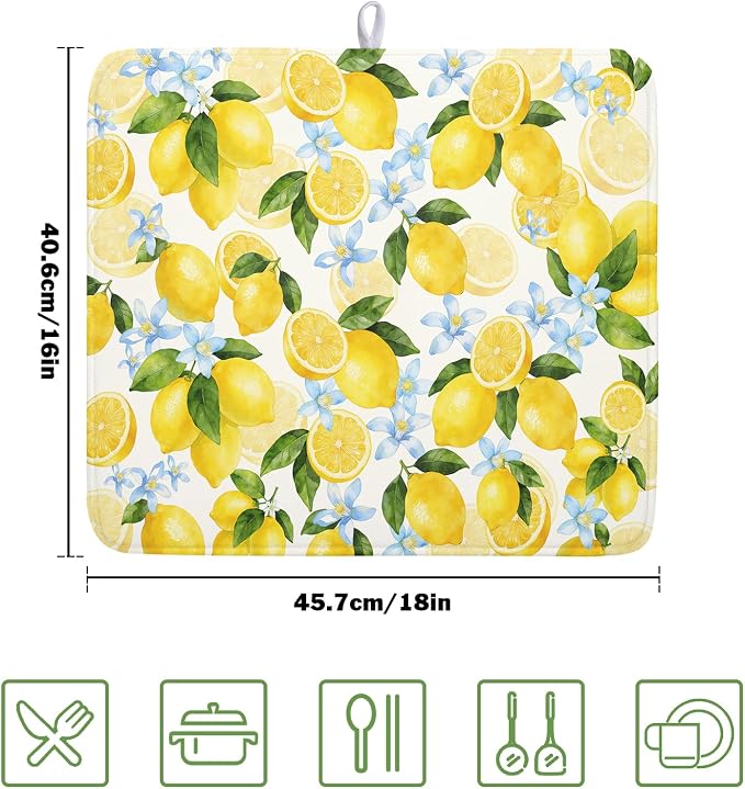 Kawani Lemon Dish Drying Mat 16x18 Inch Absorbent Reversible Summer Drying Mat Floral Lemon Fruits Dish Drying Rack Mat Yellow Summer Themed Dish Drainer Mat for Kitchen Counter Coffee Bar