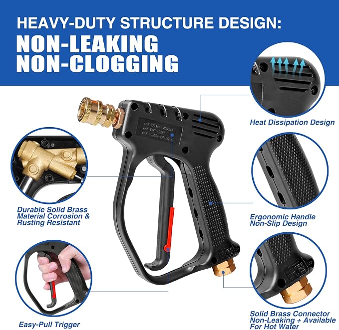 MEKOH Short Pressure Washer Gun, 4000 PSI High Power Washer Spray Gun, 10.5 GPM Foam Gun with 3/8'' Quick Connect, Stubby Pressure Washer Trigger Handle with M22-14mm Adapter for Extension Wand & Hose