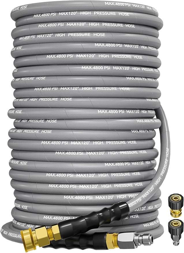 3/8" 4800PSI Pressure Washer Hose 150FT Swivel Quick Connect | Power Washer Hose for Cold/Hot Water Max 248°F, Kink Resistant Steel Wire Braided, Wear Resistant with M22 14mm Adapter