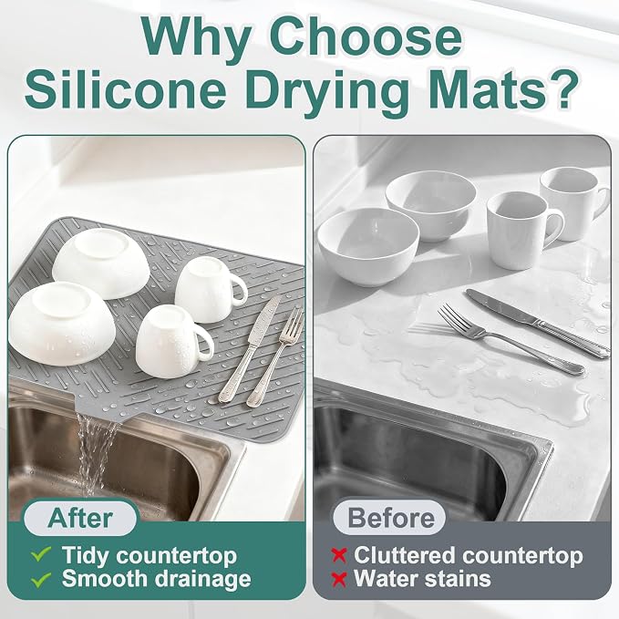 Silicone Dish Drying Mat 23x17,Food-Grade Silicone,Easy Clean Pad for Countertop Protection,Heat Resistant,Easy Clean,Non-Slip Drain Pad with Built-in Drain,Multi-Functional Use,Gray