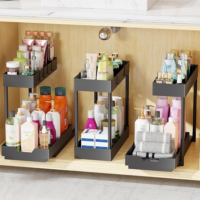 Simple Trending Under Sink Organizer 3 Pack, Sink Pull-Out Sliding Storage Cabinet, 2-Tier Under Shelf Organizer for Kitchen Bathroom, Black