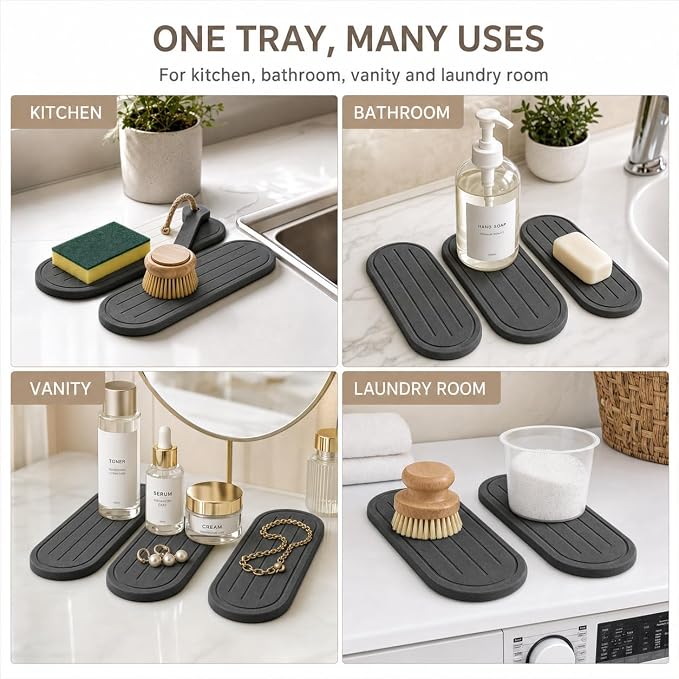 Razborci 2PCS Water Absorbing Stone Drying Tray Mat for Bathroom Sink & Kitchen Counter Faucet Organizer Decor, Quick Dry Dish Soap Dispenser Sponge Holder, Vanity Caddy Coaster,Dark Gray -10"*3.8"