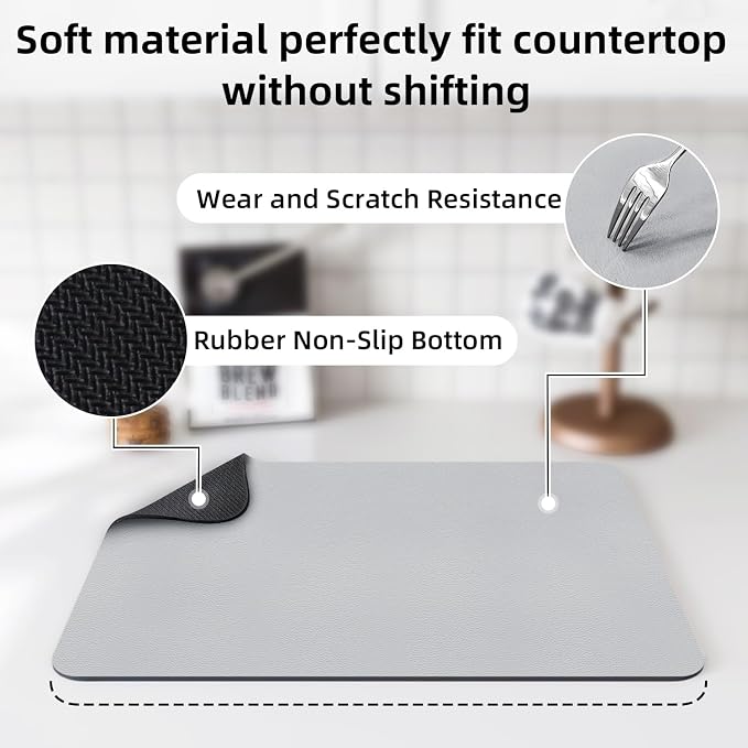 LOPNUR Kitchen Dish Drying Mat, 18"x16" Small Dish Drying Mats for Kitchen Counter, Diatomite Coffee Mat, Super Absorbent Dish Drying Pad, Heat Resistant Mat with Anti-slip Rubber Backed, Light Grey