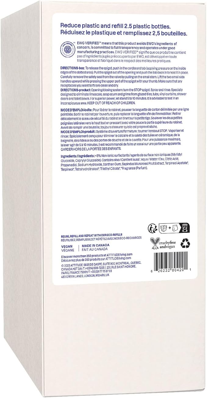 ATTITUDE Bathroom Cleaner Spray Refill, EWG Verified, Plant-Based & Vegan, Safe for Bathroom Surfaces, Tiles, Tubs, Shower Walls, and Grout, Citrus Zest Scent, 67.6 Fl Oz