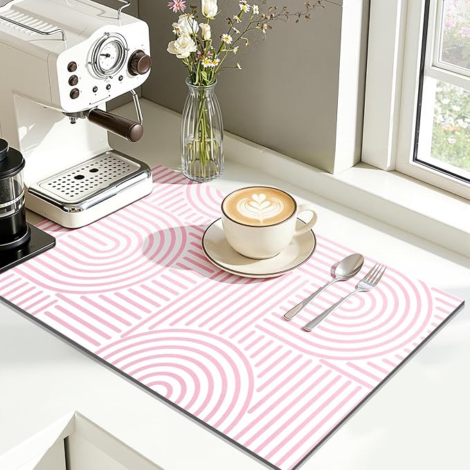 Findosom Dish Drying Mat, 12" x 20" Super Absorbent Dish Mat with Modern Geometric Striped, Hide Stain Drying Mat for Kitchen Counter, Under Dish Rack, Coffee Maker, Espresso Machine, Pink & White