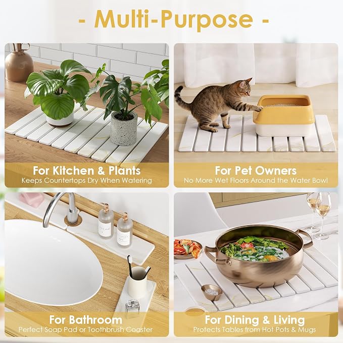 4-Piece Large Stone Dish Drying Mat for Kitchen Counter, 24"x16" Super Absorbent Diatomaceous Earth Drying Mat Set with Faucet Mat & Small Utility Mat, Rollable Quick Dry Pad for Dishes, Cups, Bottles