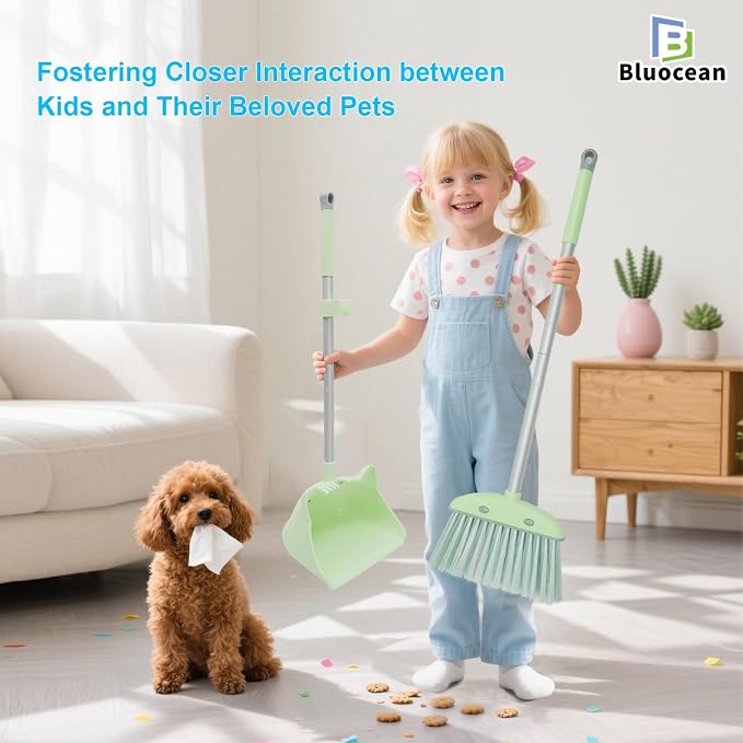 28'' Kids Mini Broom and Dustpan Set - Toddler Cleaning Toy, Toddler Household Helper, Parent-Child Interactive Play Cleaning Tool, Cute Cartoon Design, Small Safe Corner Broom (Green)