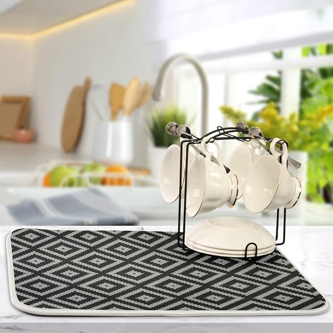 Super Absorbent Dish Drying Mat, Microfiber Fast-Drying Dish Mat, 24" x 18, Kitchen Dish Drying Pad, Black Moroccan Rhombus Plaid