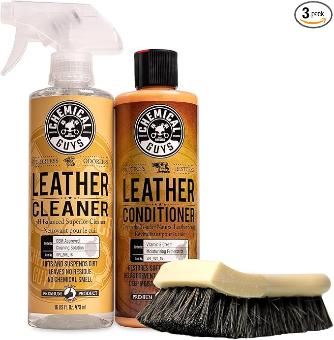 Chemical Guys Leather Cleaner and Conditioner Kit with Brush | Horse hair brush for car, furniture, jackets, and shoes, 3-item leather care bundle, 3 piece leather care kit with brush