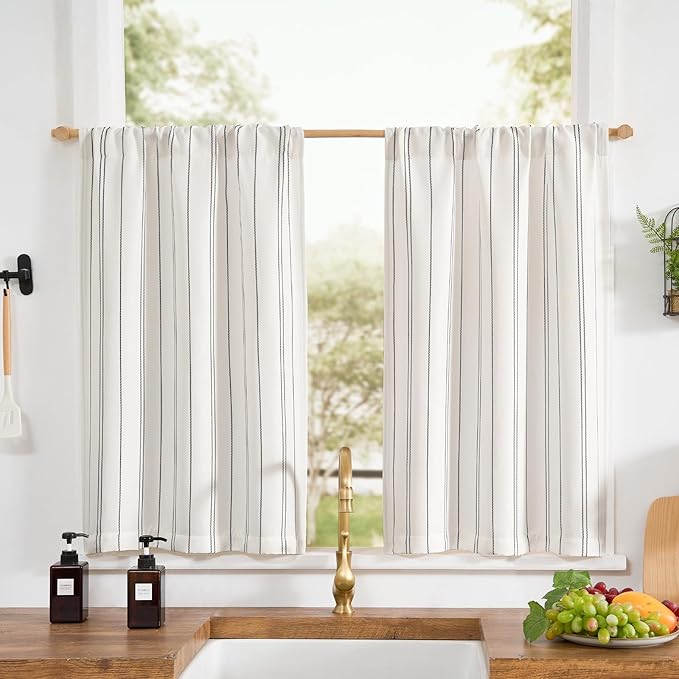jinchan Black Stripe Linen Look Tier Curtains, 26x24, 2 Panels, White | Light filtering, rod pocket, farmhouse style, rustic decor, kitchen, bathroom, laundry room, RV, small windows