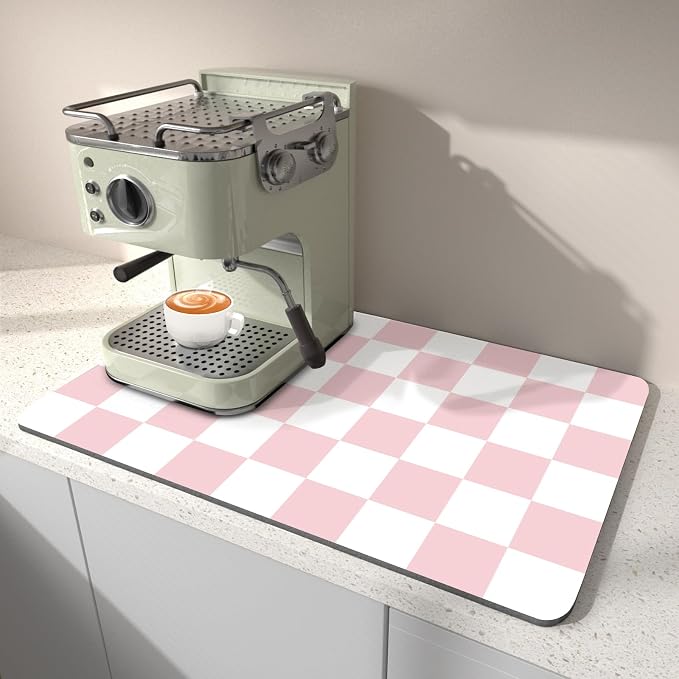 Dish Drying Mat for Kitchen, 16’’ X 18’’ Coffee Bar Mats for Countertop Fit Under Coffee Maker, Checkered Drying Mat, Hide Stain Rubber Backed Espresso Machine Absorbent Drying Pad, Pink & White