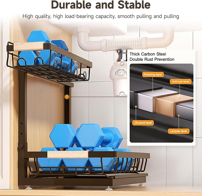 Sevenblue 2-Pack 2-Tier Height Adjustable Under Sink Organizer & Storage | Multi-purpose storage for kitchen & bathroom cabinet. Large brown shelf, height adjustable design for space-saving.
