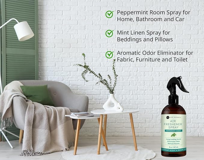 Kate Naturals Peppermint Air Freshener Spray for Room & Car with Natural Mint. Odor Eliminator Peppermint Spray for Bathroom & Linen (8 fl oz, Pet Safe, Non Toxic) | Pet Safe, Non Toxic, Natural Mint Odor Eliminator Peppermint Spray for Bathroom & Linen