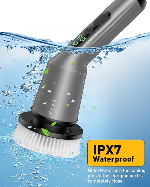 Electric Spin Scrubber for Cleaning Bathroom, Shower Scrubber Cordless Cleaning Brush with IPX7 Waterproof & 2 Speed, 3 Brush Heads, Bathroom Cleaning Supplies for Shower Tub Tile Toilet Grey