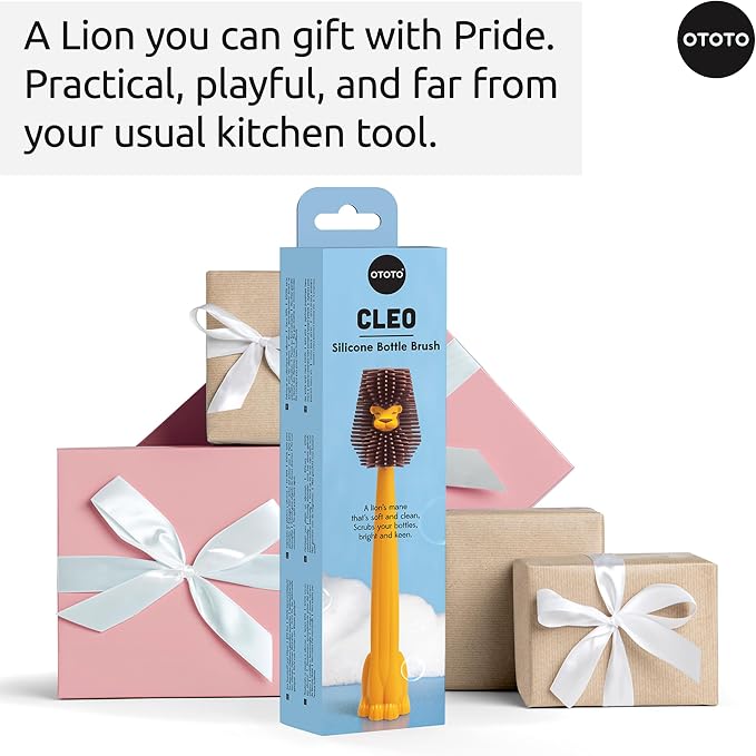 OTOTO Cleo Dish & Water Bottle Brush – Silicone Baby Bottle Brush, Water Bottle Cleaner, Dish Brush with Long Handle, Cute Lion Design, Crevice Cleaning Brush, Baby Essentials, Kitchen Gadgets