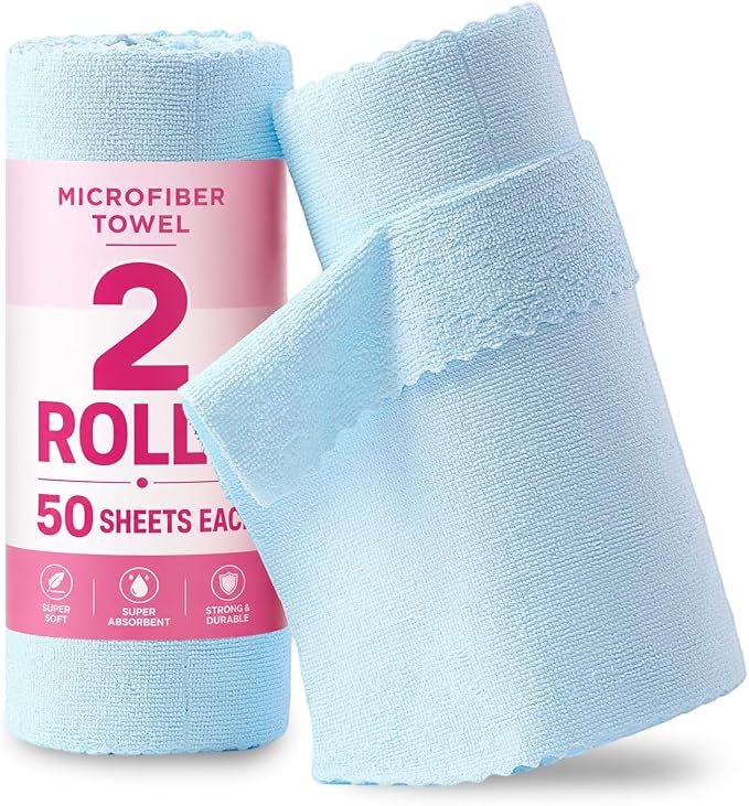 Jessy Home 2 Roll Reusable Paper Towels,100 Sheets Tear Away Microfiber Cleaning Cloth, Lint Free Cleaning Rags for Kitchen, Dishcloth,Household Cleaning Supplies