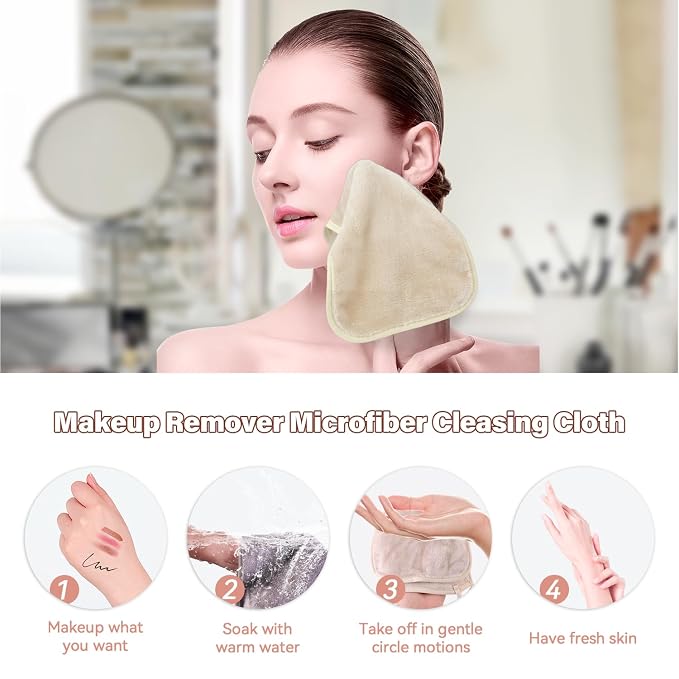 Nugilla Makeup Remover Cloths, 8 Packs Makeup Remover Towels Reusable Face Wash Cloth, Soft Microfiber Face Cloth for Women(Beige)