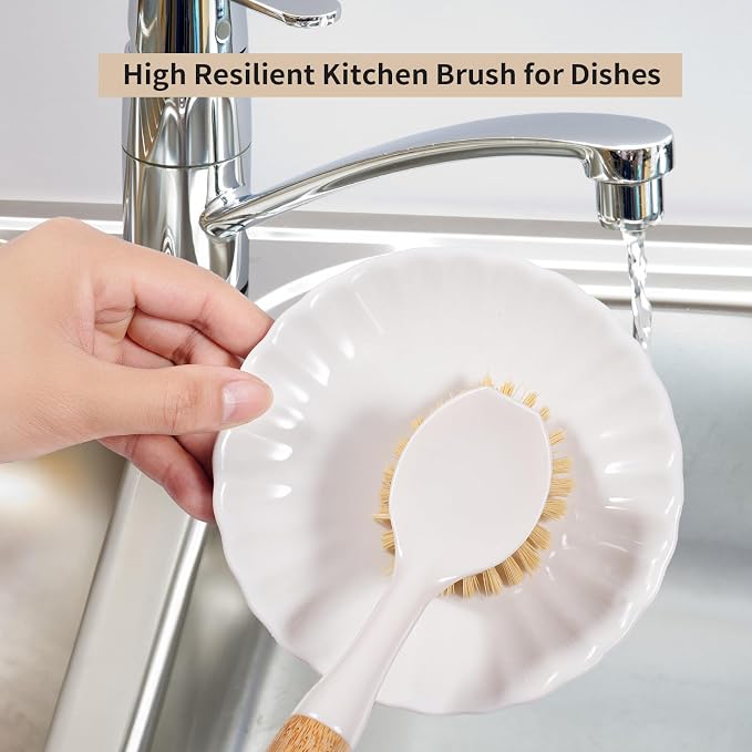 Kitchen Dish & Cast Iron Brush with Scraper, [2 Pack] Skillet Scrub Cleaner with Handle, Kitchen Cleaning Scrubber for Dishes, Pots, Cast Iron Skillet, Non-Stick Frying Pans, Sinks and House Cleaning