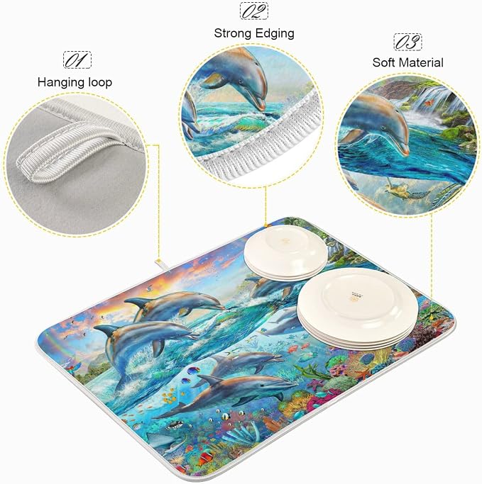 Absorbent Dish Drying Mat for Kitchen Counter - Dolphin Watercolor Summer Microfiber Drying Pad, Reversible Drainer Mats for Countertop, Small 16 x 18 inch
