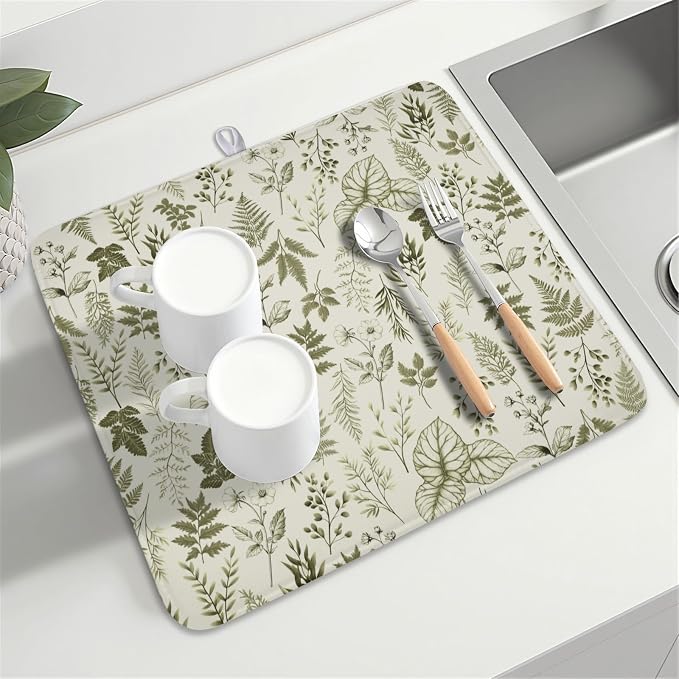 Vintage Botanical Floral Dish Drying Mat for Kitchen Counter Sage Green Herbs Fern Leaves Plant Microfiber Dish Drainer Mat Absorbent Washable Drying Pad 16"x18"