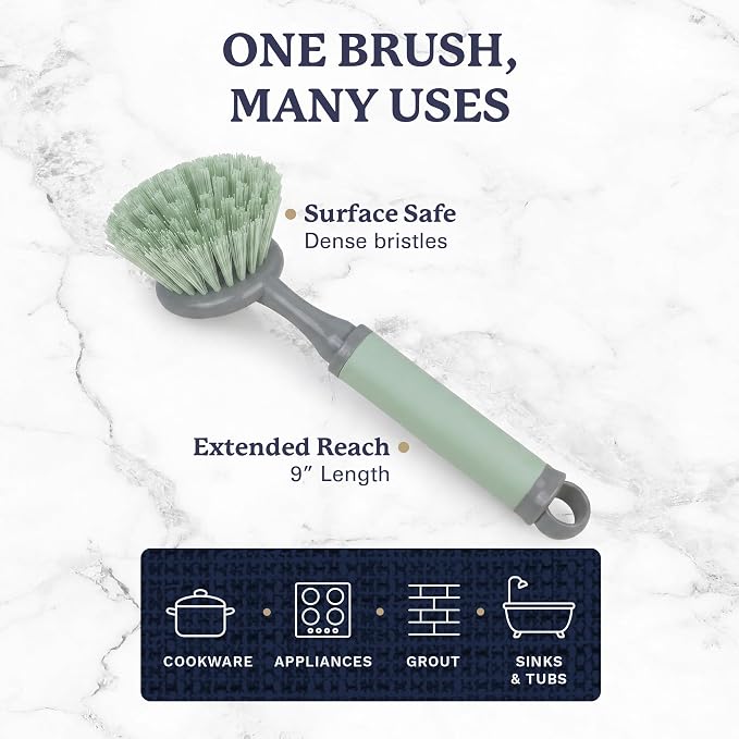 Farberware Dish Brush with Handle, 2 Pack, Firm Bristles | Kitchen scrub brush and dish scrubber removes grease, reaches pot and pan edges, 9in, round head, soft-grip design