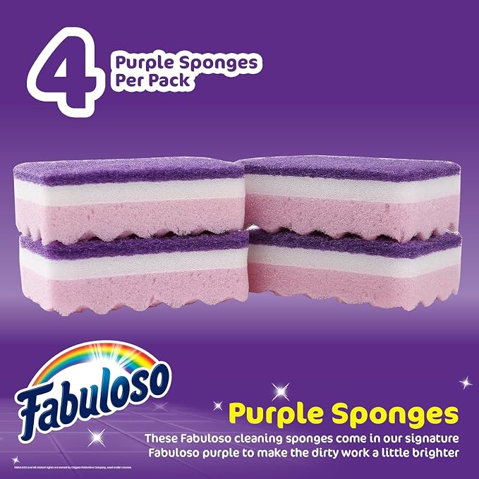 Fabuloso Scratch-Free Kitchen Dish Sponges Purple Cellulose Scrubber Sponge with Scouring Pad Dishes Pots Pans Counters and Sinks Tough on Messes 4.25 x 2.75 x 1.25 in 4 Count 2 Pack Extended Supply