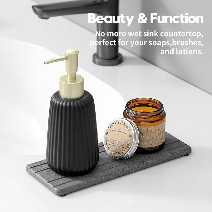 Razborci 2PCS Diatomite Quick Stone Drying Tray Mat For Bathroom & Kitchen Counter, Instant Dry Water Absorbent Drink Bar Coaster,Vanity Sink Caddy Organizer,Dish Soap Sponge Holder, Dark Gray,9"x3.5"