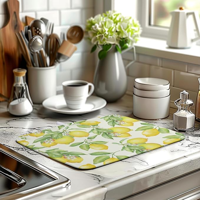 Lemon Kitchen Dish Drying Mat 16×18 Inch Summer Yellow Green Lemon Drying Mat Watercolor Microfiber Dish Drainer Rack Mat Washable Absorbent Dish Pad