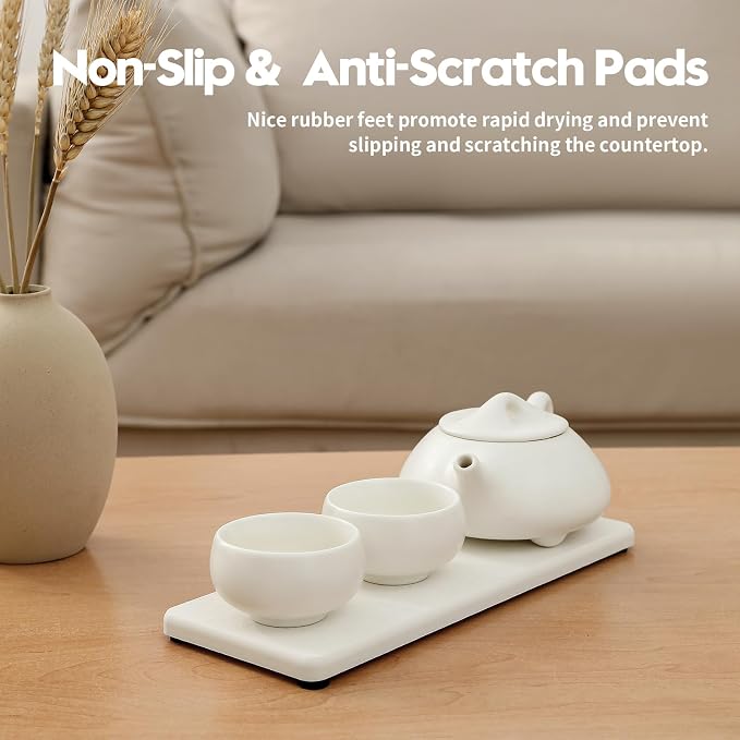 2PCS White Water Absorbing Diatomite Stone Drying Soap Dish Sink Vanity Tray for Bathroom/Kitchen Counter, Sponge Holder Mat Dispenser Rack Faucet Splash Guard Caddy Organizer, 9"x3.5"