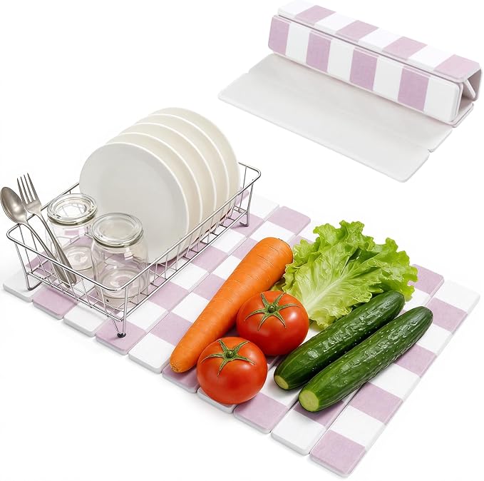Yamaziot Large Stone Drying Mat for Kitchen Counter, 15.3"x24" Foldable Ultra Absorbent Stone Drying Mat, Quick-Dry Diatomaceous Earth Mat, Non-Slip Heat Resistant Mat for Dishes, Cups, Bottles, Pink