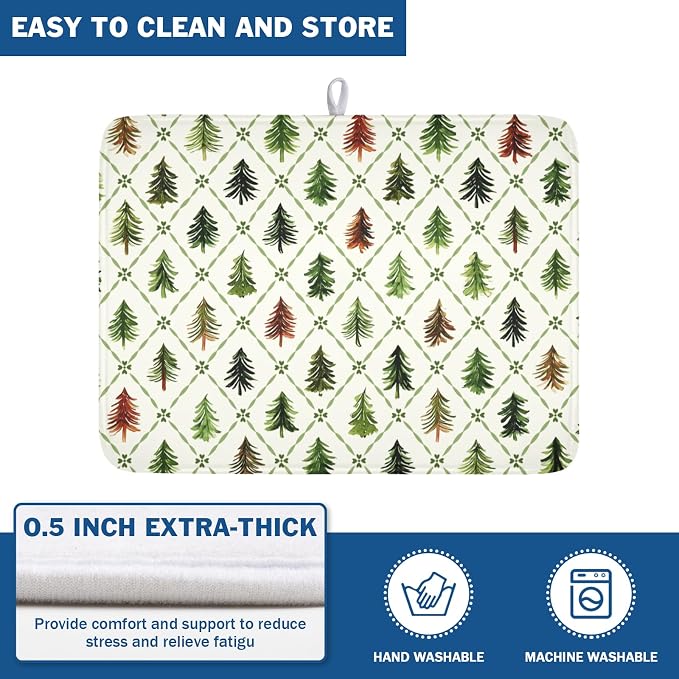 Christmas Dish Drying Mat for Kitchen Counter Xmas Theme Green Trees Dish Drainer Mat Rustic Farmhouse Winter Holiday Absorbent Washable Drying Pad 18"x24"