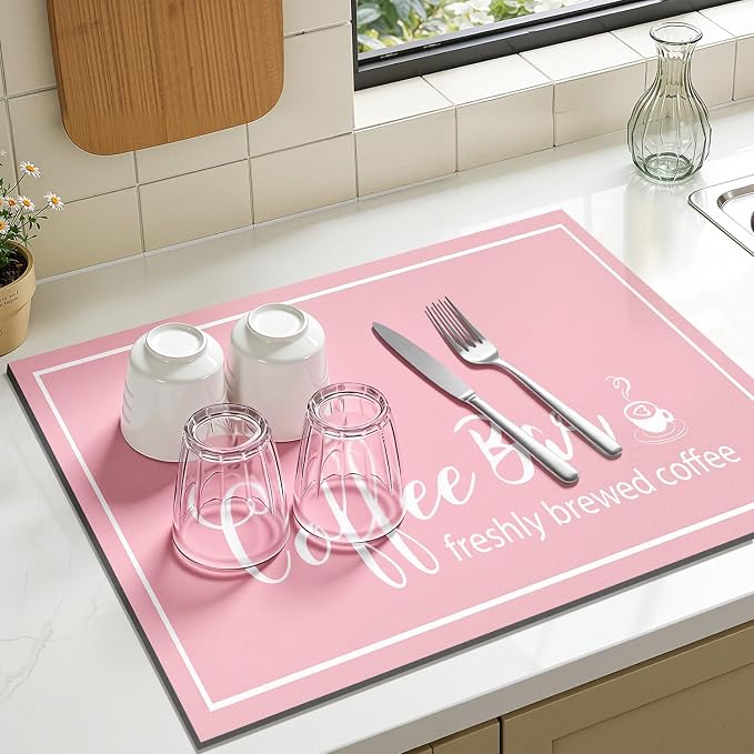 Findosom Dish Drying Mat, 12" x 20" Super Absorbent & Hide Stain Coffee Mat, Cuttable Drying Mat for Kitchen Counter, Coffee Bar Accessories, Under Dish Rack, Coffee Maker, Espresso Machine, Pink