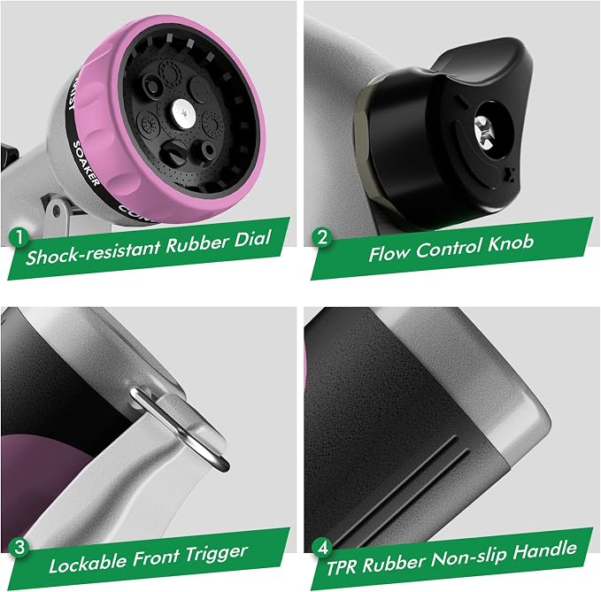 RESTMO Garden Hose Nozzle, Heavy Duty Metal Water Hose Nozzle with 7 Adjustable Spray Patterns, High Pressure Hand Sprayer with Flow Control, Best for Watering Plant & Lawn, Washing Car & Pet, Pink