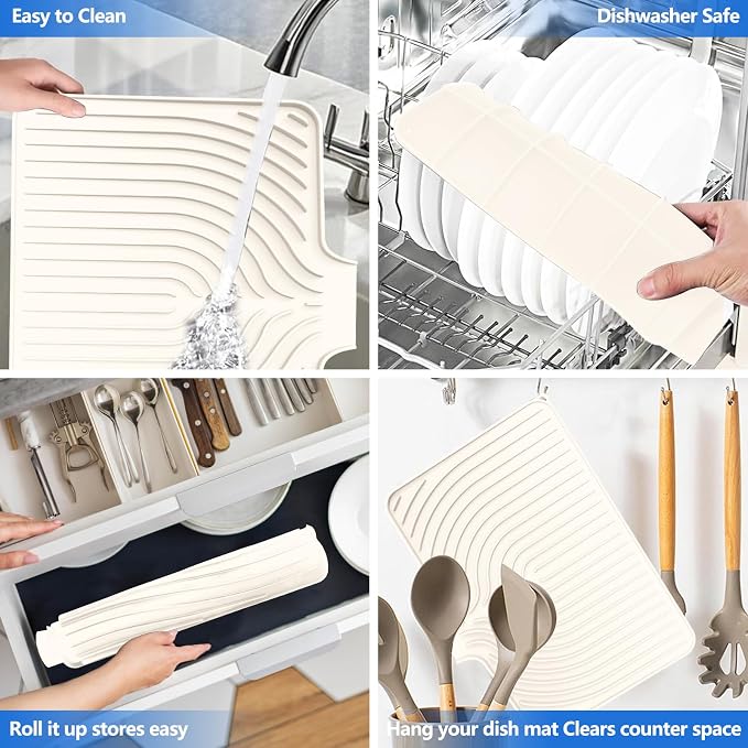 Dish Drying Mat for Kitchen Counter, with Built-in Drain Lip, Food-Grade Silicone, Easy Clean Pad for Countertop Protection, Multi-Functional Use (18x11.8, Cassava White)