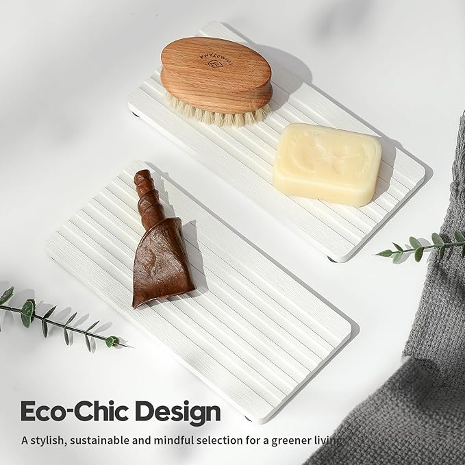 Razborci 2PCS Diatomite Quick Stone Drying Tray Mat for Bathroom & Kitchen Counter, Instant Dry Water Absorbent Drink Bar Coasters,Vanity Sink Caddy Organizer,Dish Soap Sponge Holder, Ivory,8"x3.8"